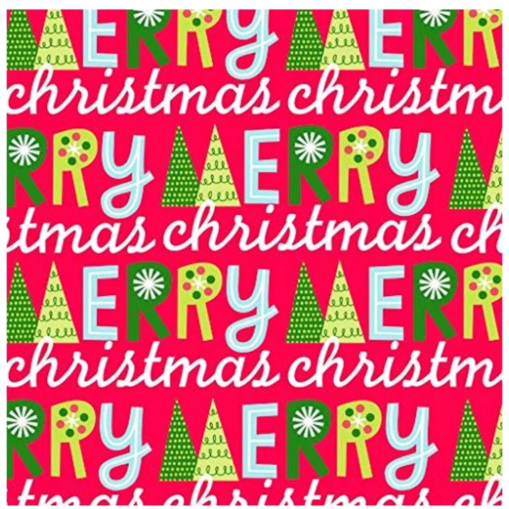 HALLMARK Roll Wrap Merry Christmas Trees on Red Wrapping Paper